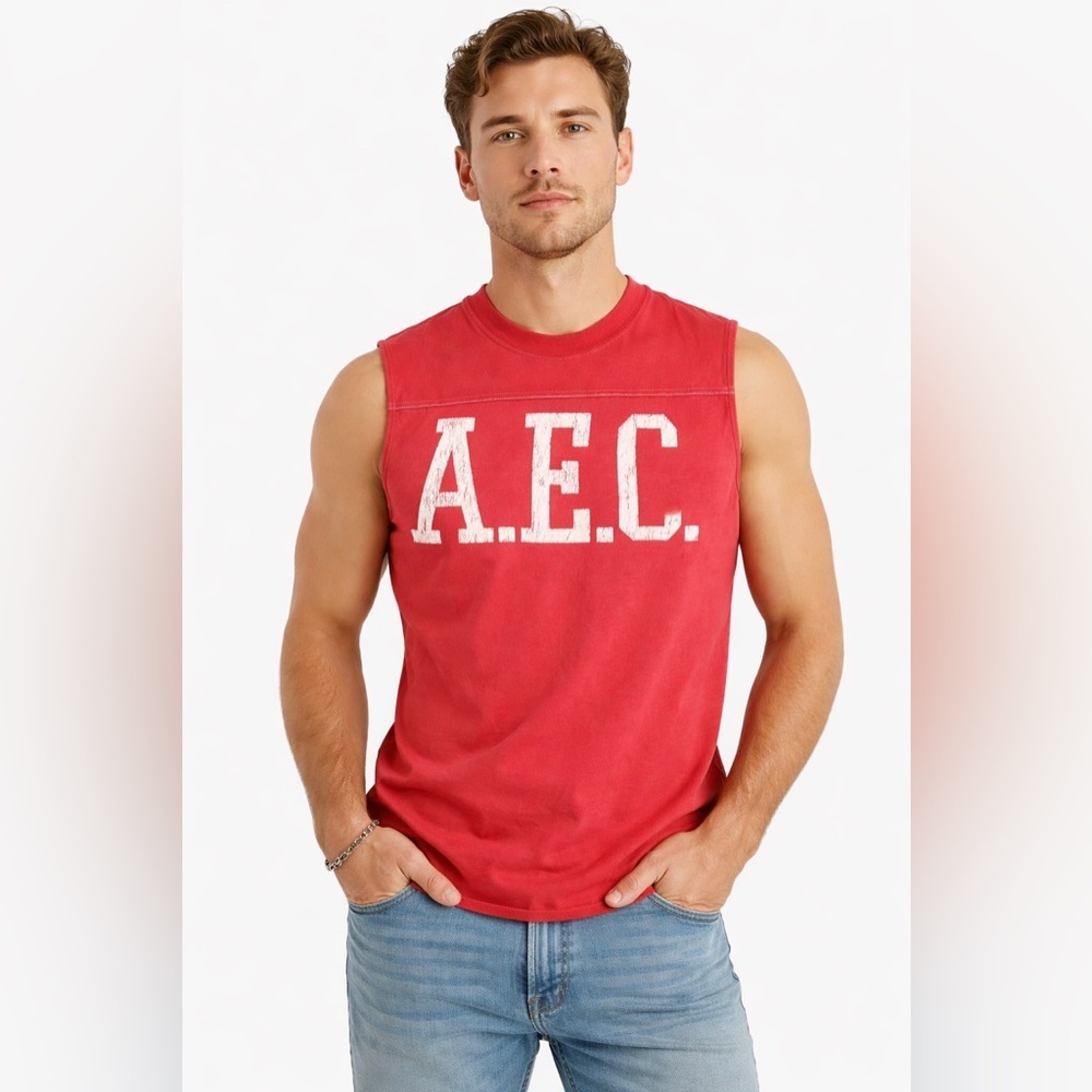 American Eagle AEC Sleeveless Cutoff Tee Red Distressed Graphic Tank Men Size XS